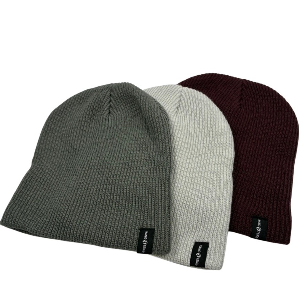 Hang Ten Beanie Set 3 Pack Unisex Grey Burgundy Cream Ribbed Knit Skull Caps New